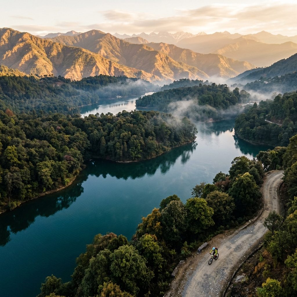 A cyclist on a gravel road above the Sattal lakes at sunrise, with mist on the water and mountains behind