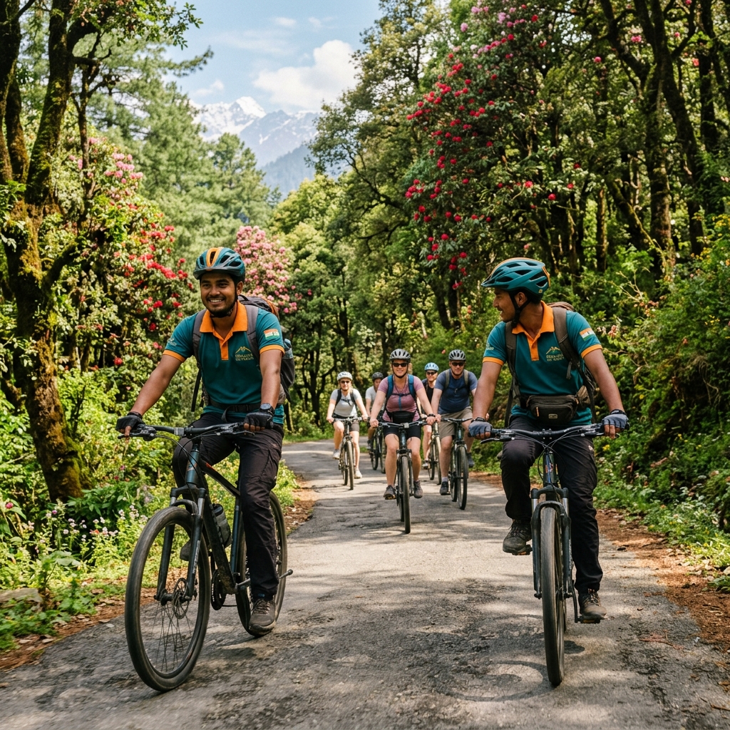 Local youth guides leading a group on a forested Himalayan road